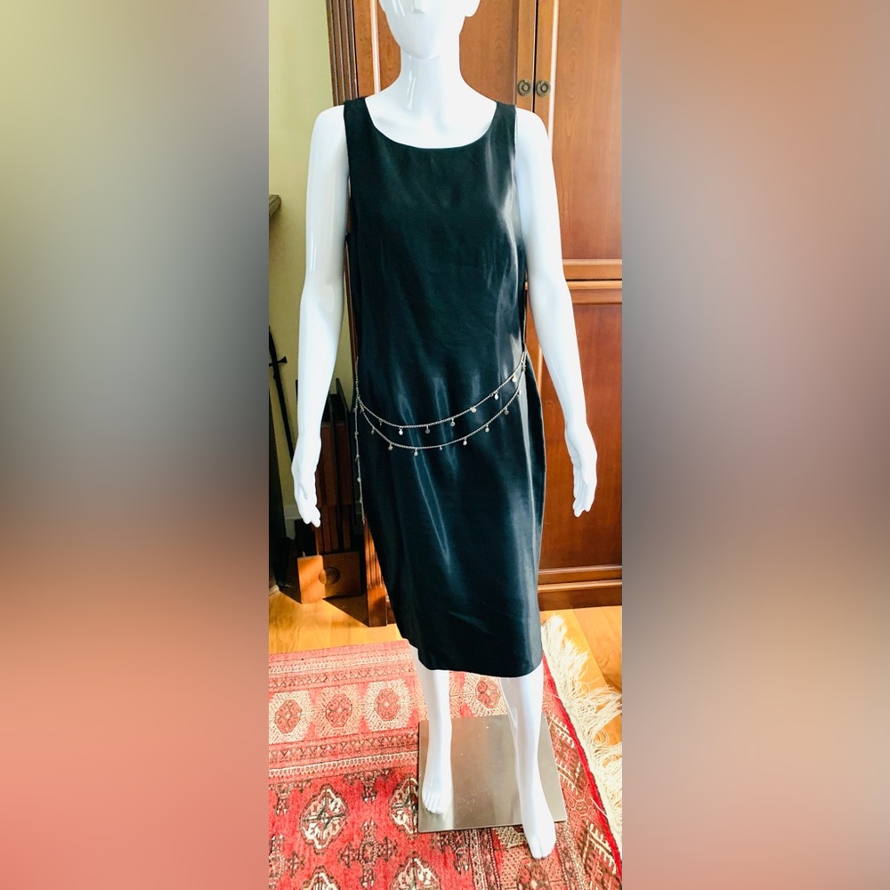 Black shiny linen midi prom party dress sleeveless silver metal chain belt US 10